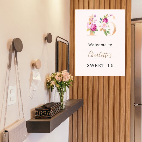 Peach pink florals number Sweet 16 welcome Poster