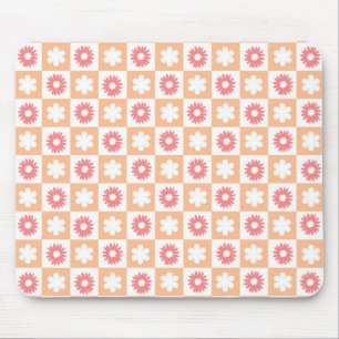 Peach Pink Flower Checkerboard Modern Retro  Mouse Pad