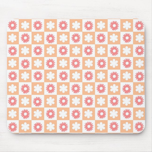 Peach Pink Flower Checkerboard Modern Retro  Mouse Pad (Front)
