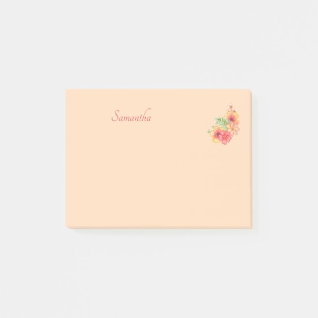 Peach Pink Flower Personalized 4x3 Post-it Notes (Front)