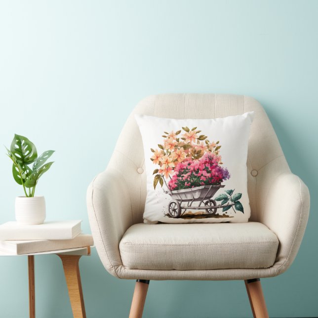 Peach Pink Flowers in White Wheel Barrel Floral  Throw Pillow (Chair)