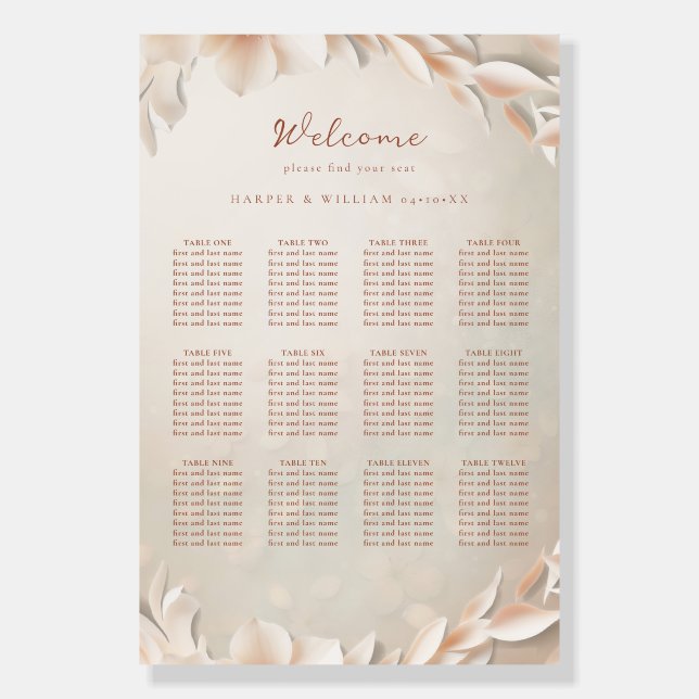 peach pink foliage welcome wedding seating chart foam board (Front)