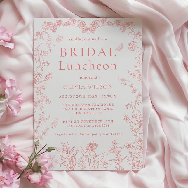 Peach Pink Garden Chinoiserie Bridal Luncheon  Invitation (Whimsical butterflies & Birds Peach Pink Garden Chinoiserie Bridal Luncheon Invitation)
