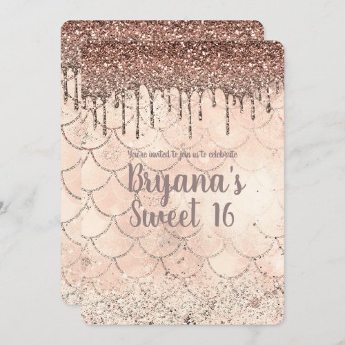 Peach Pink Glitter Drip Mermaid Sweet 16 Party Invitation