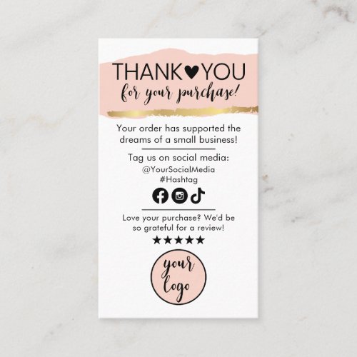 Peach Pink Gold and Black Thank You For Your Order Business Card