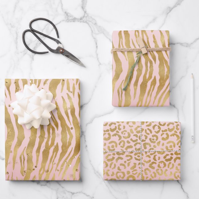 Peach Pink Gold Glitz Sparkle Zebra Print   Wrapping Paper Sheets (Front)
