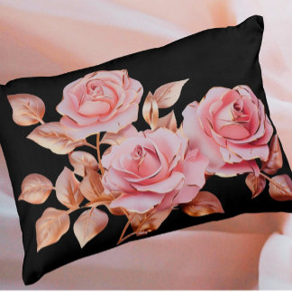 Peach Pink Gold Roses on Black Accent Pillow
