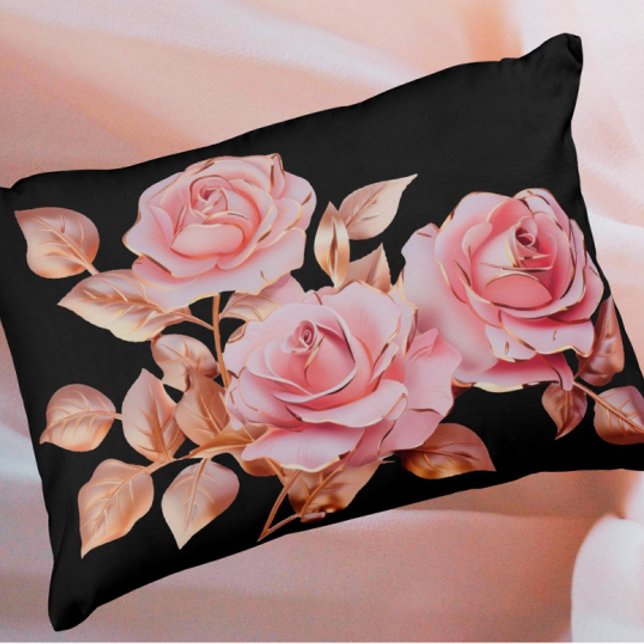 Peach Pink Gold Roses on Black Accent Pillow (Peach pink gold vintage roses on black background.)
