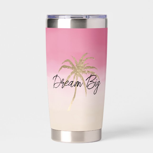 Peach Pink Gold Tropical Palm Tree Insulated Tumbler (Front)