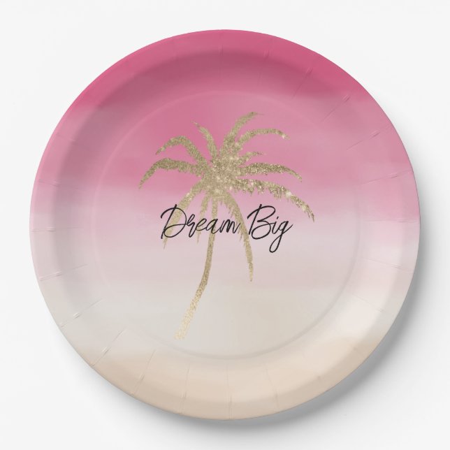 Peach Pink Gold Tropical Palm Tree Paper Plates (Front)
