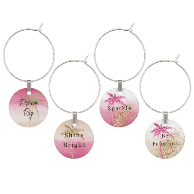 Peach Pink Gold Tropical Palm Tree Wine Charm (Staggered)