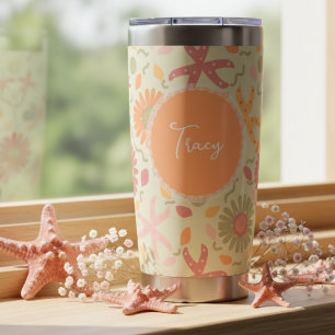 Peach Pink Green Starfish And Flowers With Name Insulated Tumbler