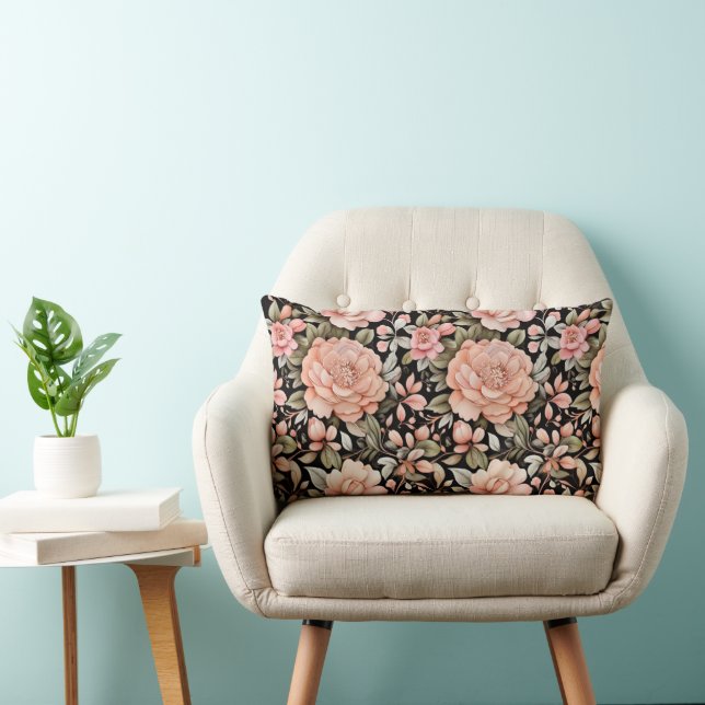 Peach Pink Greenery Black Background Floral Flower Lumbar Pillow (Chair)