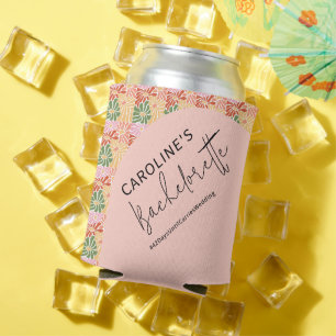 Peach Pink Groovy Floral Abstract Can Cooler