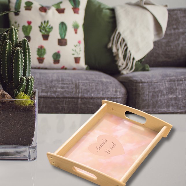 Peach & Pink Heart & Sky Bilingual "Amada" "Loved" Serving Tray (Multilingual project, Peach bilingual peach tray with custom Spanish text)