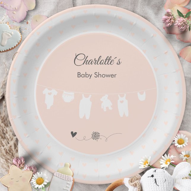 Peach Pink Hearts Clothesline Baby Girl Shower Paper Plates (Peach Pink Heart Pattern Clothesline Baby Shower Paper Plates ©Susanne Sachers - Sunny Mind 🌞)