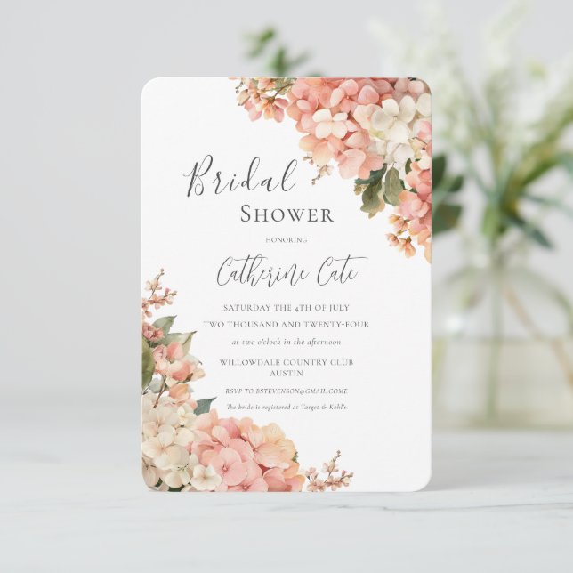 Peach & Pink Hydrangeas Floral Bridal Shower Invitation (Standing Front)