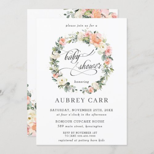 Peach Pink Ivory Floral Foliage Wreath Baby Shower Invitation