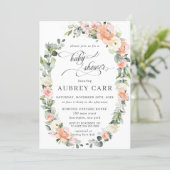 Peach Pink Ivory Floral Leafy Wreath Baby Shower Invitation (Standing Front)