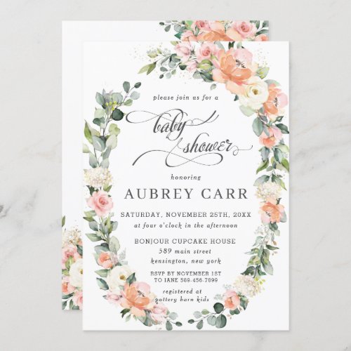Peach Pink Ivory Floral Leafy Wreath Baby Shower Invitation