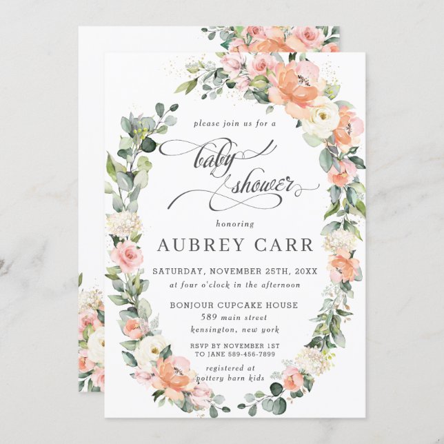 Peach Pink Ivory Floral Leafy Wreath Baby Shower Invitation (Front/Back)