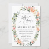 Peach Pink Ivory Floral Leafy Wreath Baby Shower Invitation (Front)