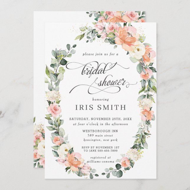 Peach Pink Ivory Floral Leafy Wreath Bridal Shower Invitation (Front/Back)