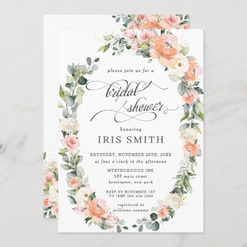 Peach Pink Ivory Floral Leafy Wreath Bridal Shower Invitation