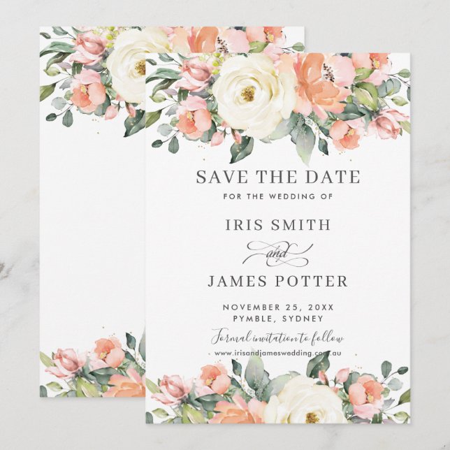 Peach Pink Ivory Floral Wedding Save the Date Card (Front/Back)