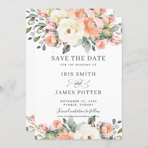 Peach Pink Ivory Floral Wedding Save the Date Card