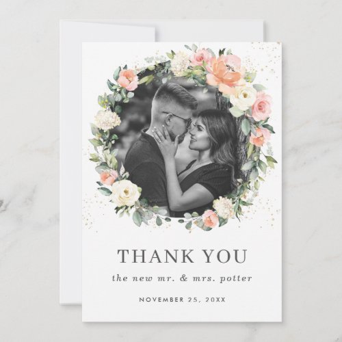 Peach Pink Ivory White Floral Wreath Wedding Photo Thank You Card