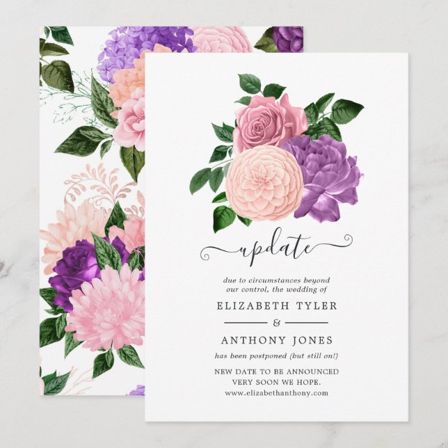 Peach Pink & Lavender Purple Floral Wedding Update Invitation (Front/Back)