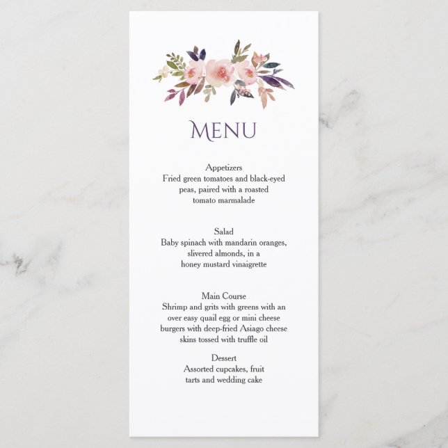 Peach Pink Lavender Purple Wildflowers Menu Cards (Front)