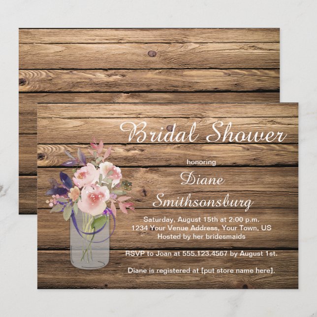 Peach Pink Lavender Wildflowers Barnwood Bridal Invitation (Front/Back)