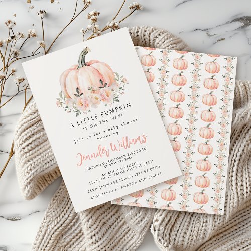 Peach pink little pumpkin baby girl shower invitation