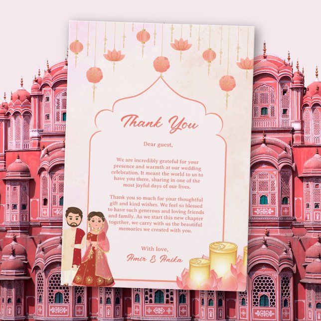 Peach Pink Lotus Lanterns Indian Couple Wedding Thank You Card (Creator Uploaded)