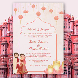 Peach Pink Lotus Lanterns Mehndi Sangeet Wedding Invitation
