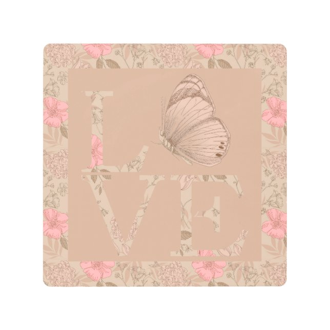 Peach Pink Love Butterfly Floral Metal Print (Front)
