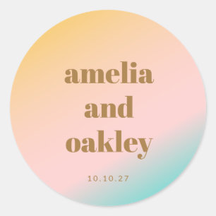 Peach Pink Mint Gradient Couple Names Wedding Date Classic Round Sticker