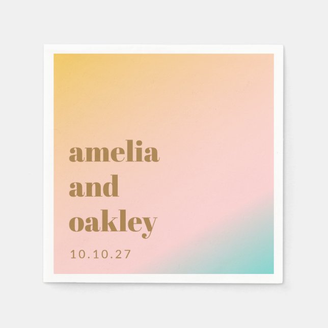 Peach Pink Mint Gradient Couple Names Wedding Date Napkins (Front)