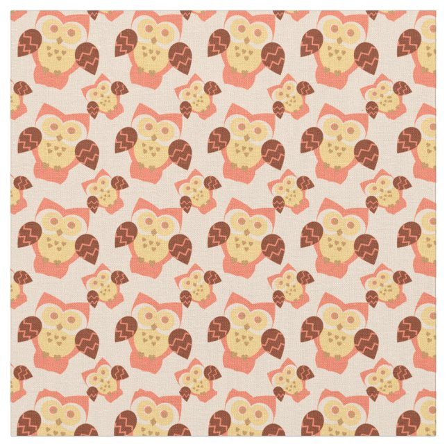 Peach pink orange owls pattern fabric (Close Up)