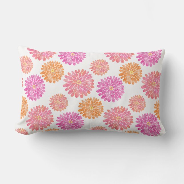 Peach Pink Orange Watercolor Zinnia Pattern Lumbar Pillow (Front)