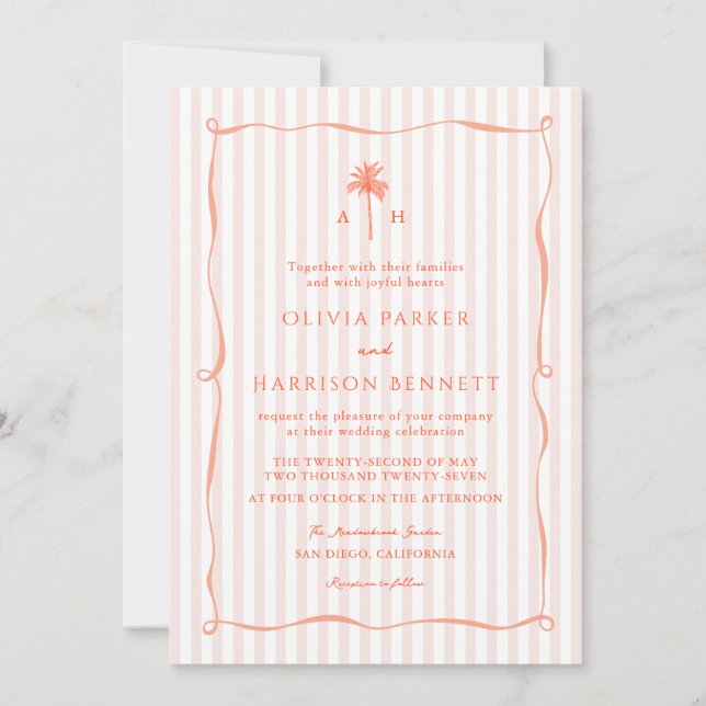 Peach Pink Palm Tree Tropical Wedding Invitation (Front)