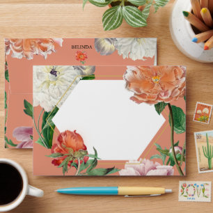Peach Pink Peonies Flowers Wedding 5x7 Envelope