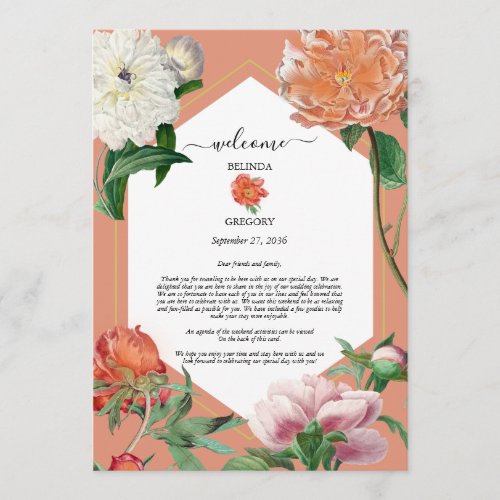 Peach Pink Peonies Flowers Wedding Itinerary  Program