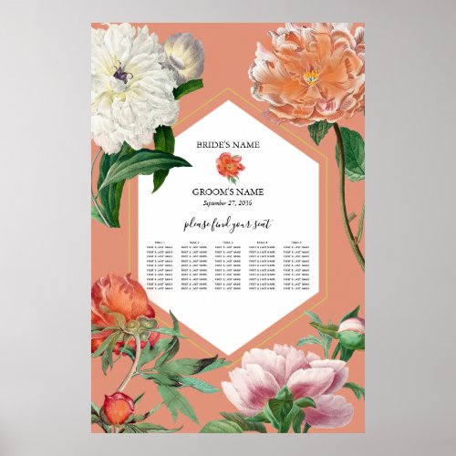 Peach Pink Peonies Flowers Wedding Seating Chart