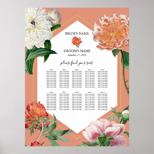 Peach Pink Peonies Flowers Wedding Seating Chart