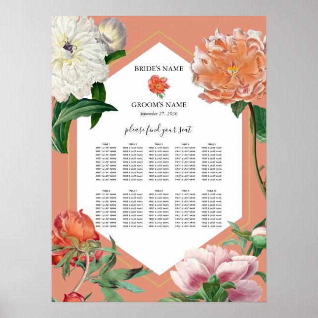 Peach Pink Peonies Flowers Wedding Seating Chart (Front)
