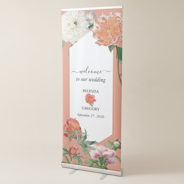 Peach Pink Peonies Flowers Wedding Welcome Retractable Banner (3/4)
