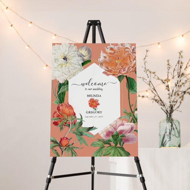 Peach Pink Peonies Flowers Wedding Welcome Sign (In Situ (Stand))